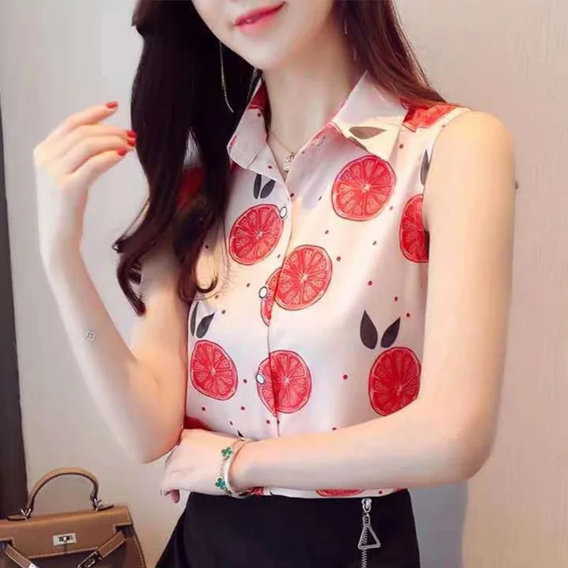 Fashion Lapel Sleeveless Printed Spliced Button Chiffon Shirt Summer Office Lady Tops Plus Size Casual Women\'s Clothing Blouse