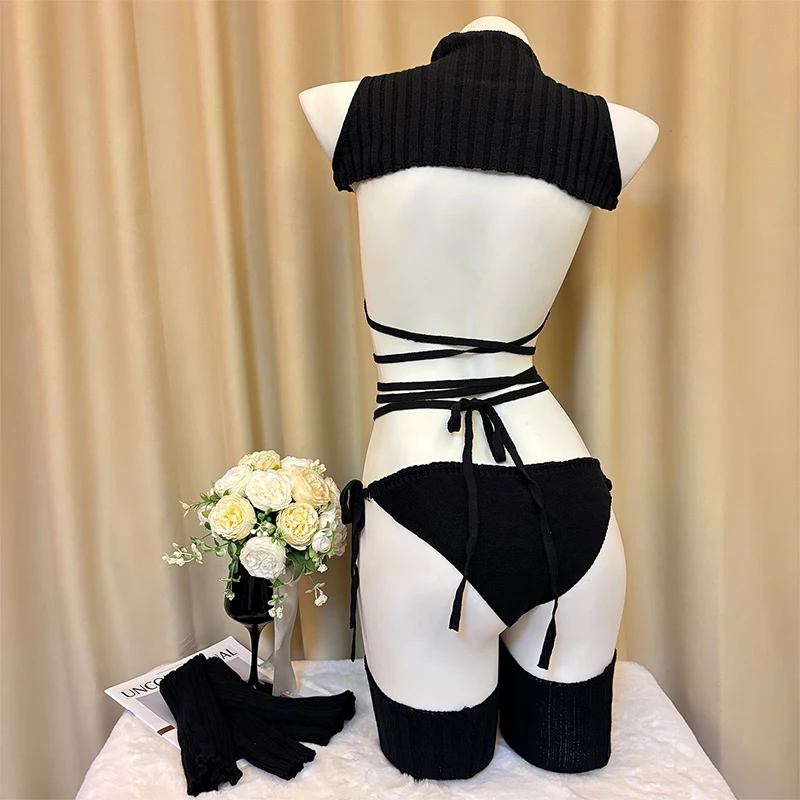 SENMHS новый оригинальный сексуальный готический бикини с подвязками, свитер для косплея, соблазнительное нижнее белье, женское боди, носки, костюм черного цвета