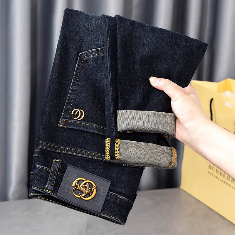 Jeans pria ujung tinggi, celana panjang Denim tebal Slim Fit musim gugur dan musim dingin 2024