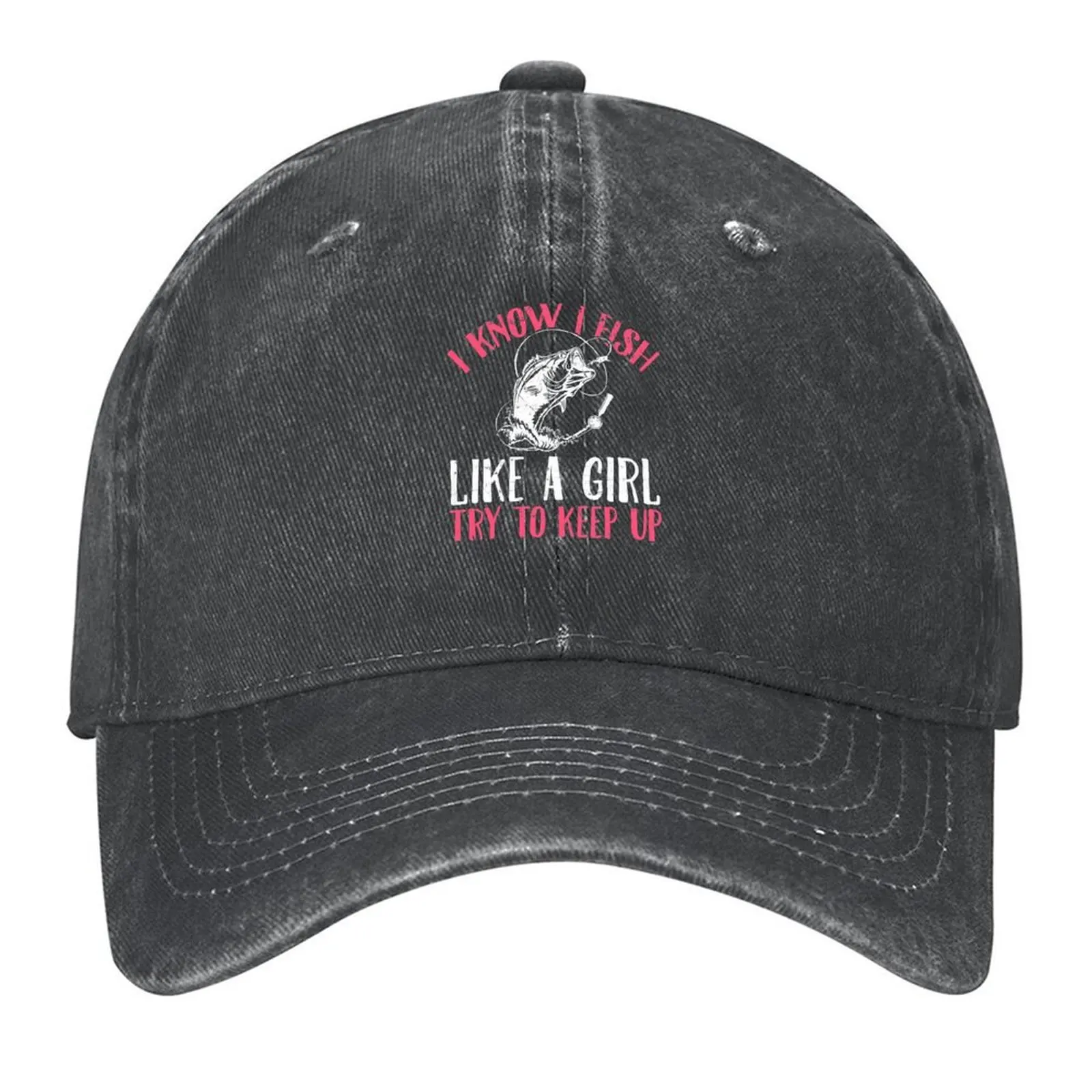 

I Know I Fish Like A Girl Try to Keep Up Funny Fishing Girls Baseball Cap Snapback Cap funny hat hats on offer Mens Caps Women's