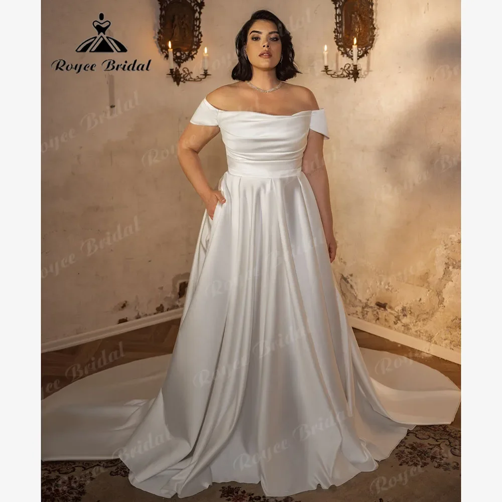 

Vintage Soft Satin Cap Sleeve Off Shoulder Oversized Plus Size Wedding Dress for Women 2025 Bridal Gown with Pockets abito sposa