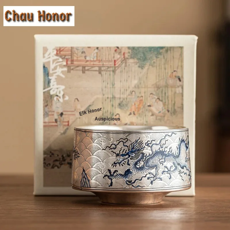 

120ml High End Silver Plated Ceramic Teacup Blue and White Dragon Pattern Master Cup Chinese Jianzhan Kung Fu Tea Utensil Gifts