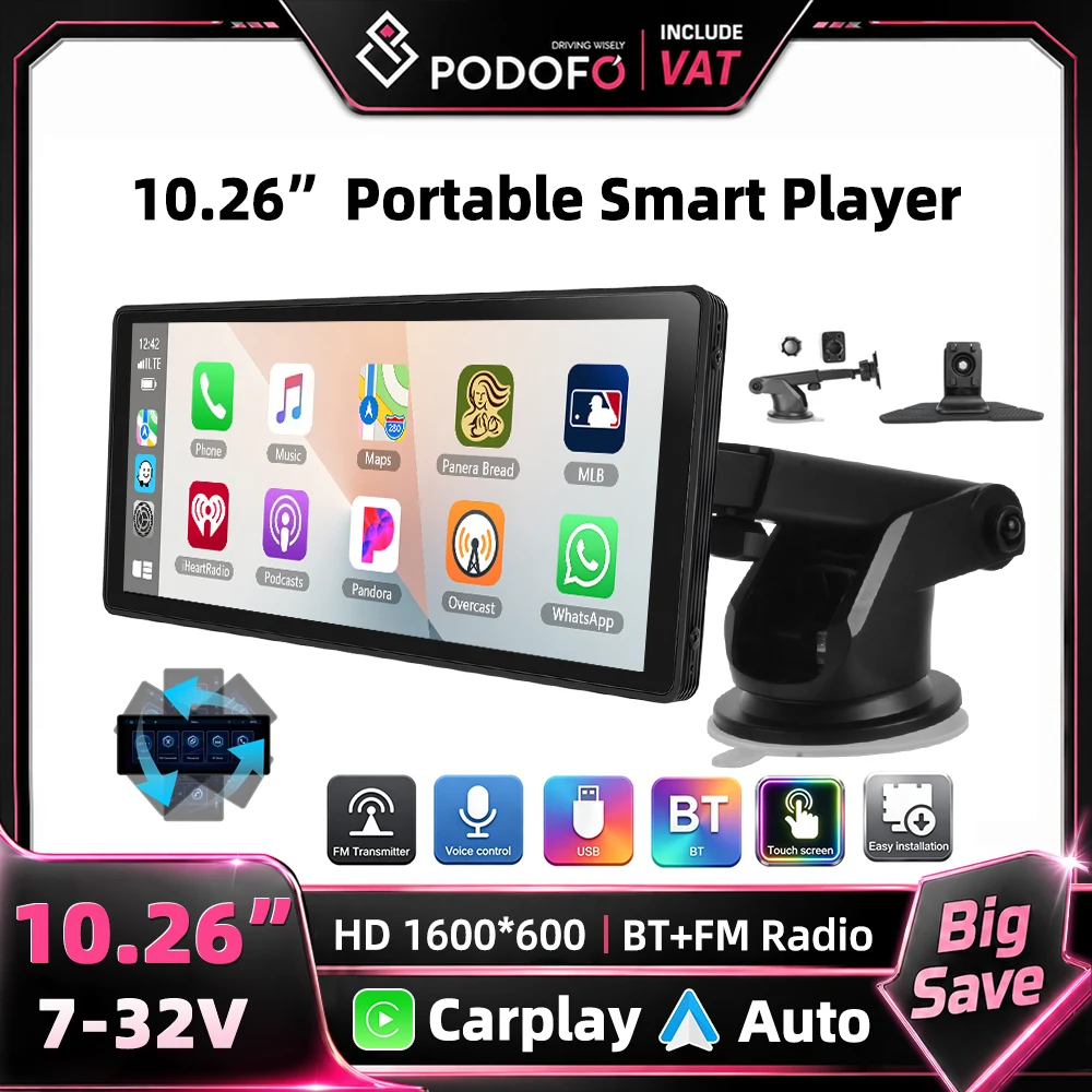 Podofo 10,26 Zoll Auto-Navigationsgerät Autoradio Drahtloses Carplay Auto-Dashboard-Bildschirm Android Auto AirPlay Android Cast Funktion Multimedia-Displaysystem