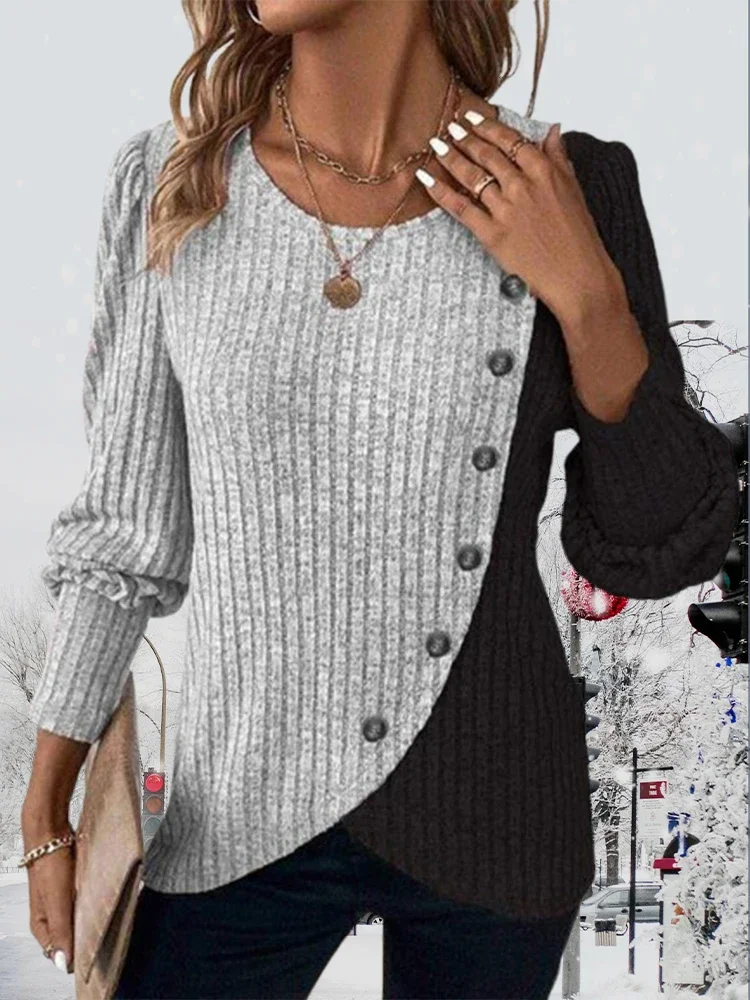 

Autumn Long Sleeve Buttons Pit Striped Women Sweaters Contrast Color Long Sleeve O-Neck Pullovers Loose Simple Knitted Clothing