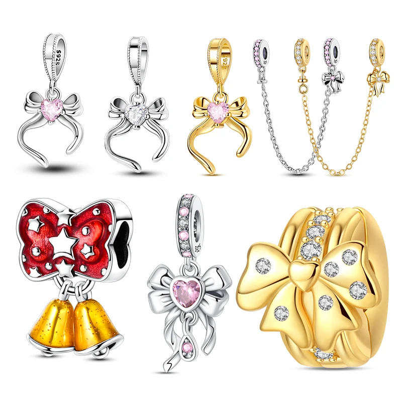 

Charm 925 Silver Hot Sale Gold And Silver Two-Tone Girlish Bow Series Charm Bead Fit 3mm Original Bracelet For Women DIY Jewelry