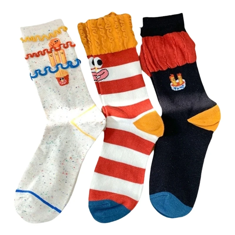 

3 Pairs Middle Calf Cotton Socks Elasticized Tops Cheerful Design Funny Socks