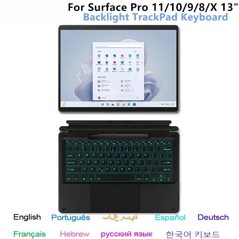 Teclado Bluetooth para Microsoft Surface Pro 11 2024 10 9 8 X, teclado inalámbrico con panel táctil retroiluminado para Surface Pro11 Pro10 pro9/8