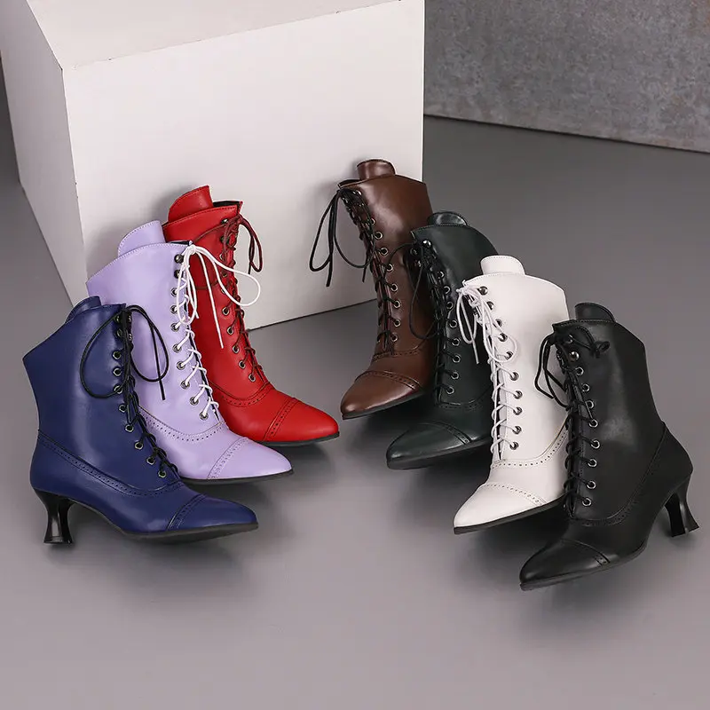 Women Vintage Chunky Heel Pointed Toe Lace Up Brogue Ankle Boots British Style High Heel Short Booties