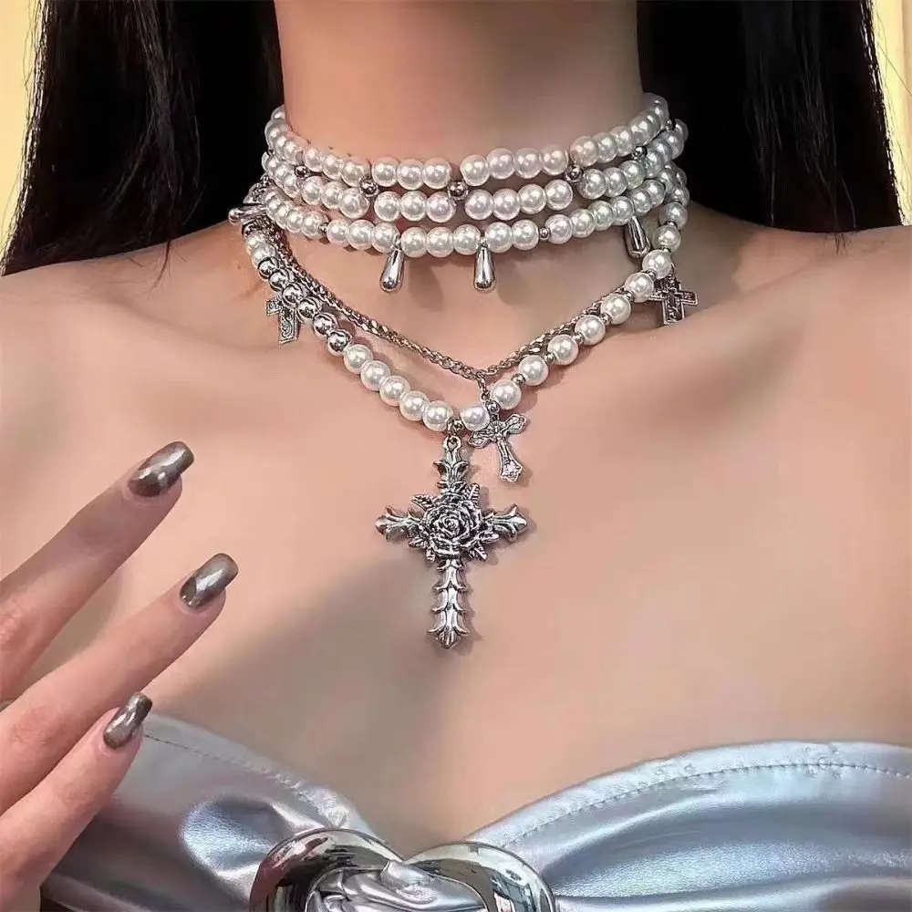 

Y2K Style Pearl Cross Necklace Imitation Pearl Multi Layer Design Multilayer Choker Cross Pendant Korean Fashion Necklace