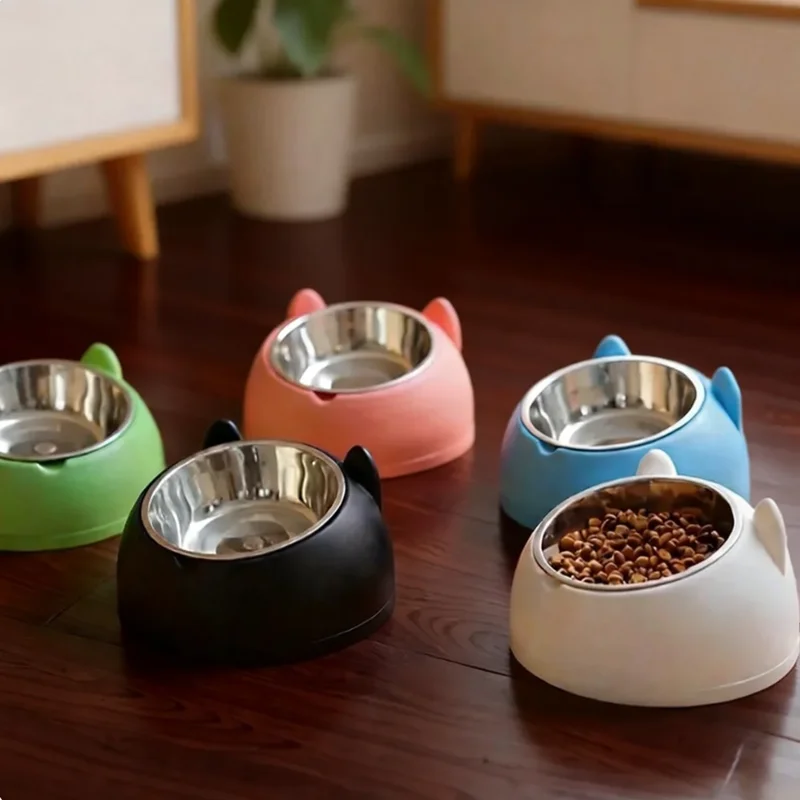 1pc Elevated Stainless Steel Cat Bowl, Inclined Food & Water Dish with Cute Ear Stand, Neck Protection Design for Cats