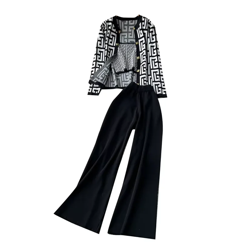 Elegant Women's Suit Printed Knitted Cardigan Inside Camisole Autumn 2024 New Casual Long Pants Women's Three Piece Set