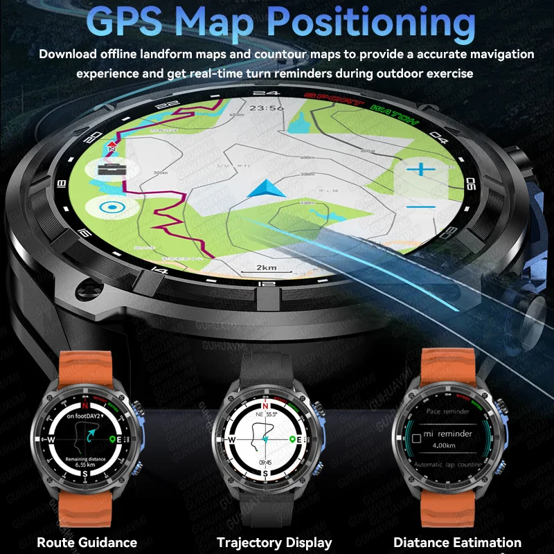 สมาร์ทวอทช์ GPS รุ่นใหม่ ปี 2025 สำหรับทหาร แสดงตำแหน่งบนแผนที่ หน่วยความจำ 4GB เข็มทิศ กันน้ำ 5ATM โทรออกด้วยบลูทูธ วัดอัตราการเต้นของหัวใจ สมาร์ทวอทช์สำหรับผู้ชายและผู้หญิง