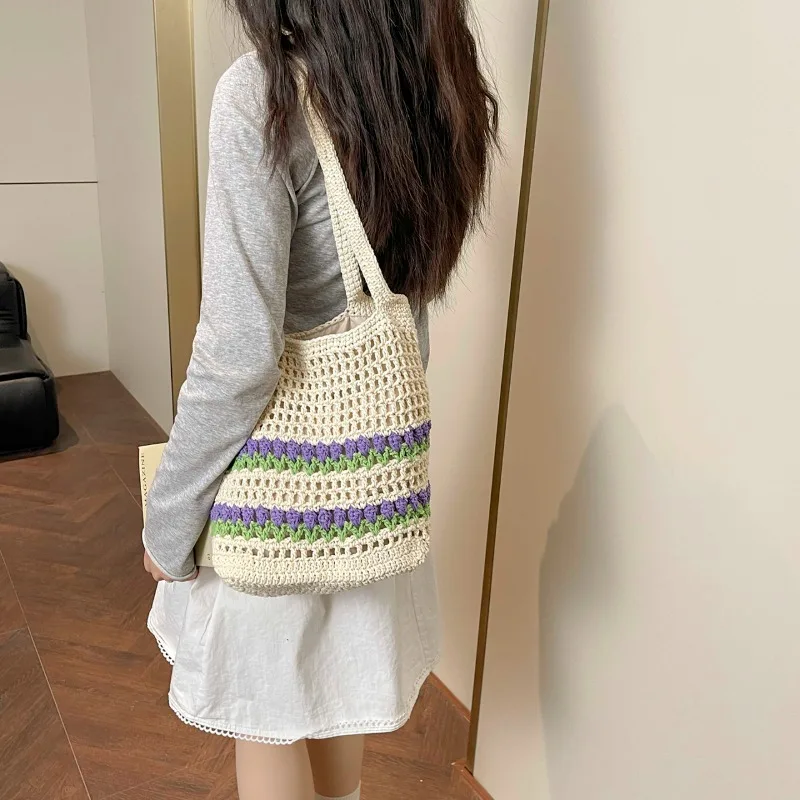 

Summer Bohemian Crochet Beach Bag for Women Handmade Hollow-Out Woven Tote Bag Colorful Stripes Shoulder Bag for Travel Vacation