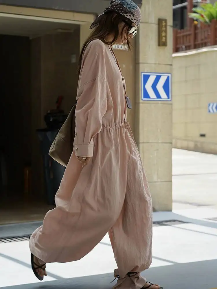 Big Women Coffee Drawstring Size Long Jumpsuit New High Waist Pocket Stitch Pants Fashion Spring Autumn 2026 1DJUOPZ
