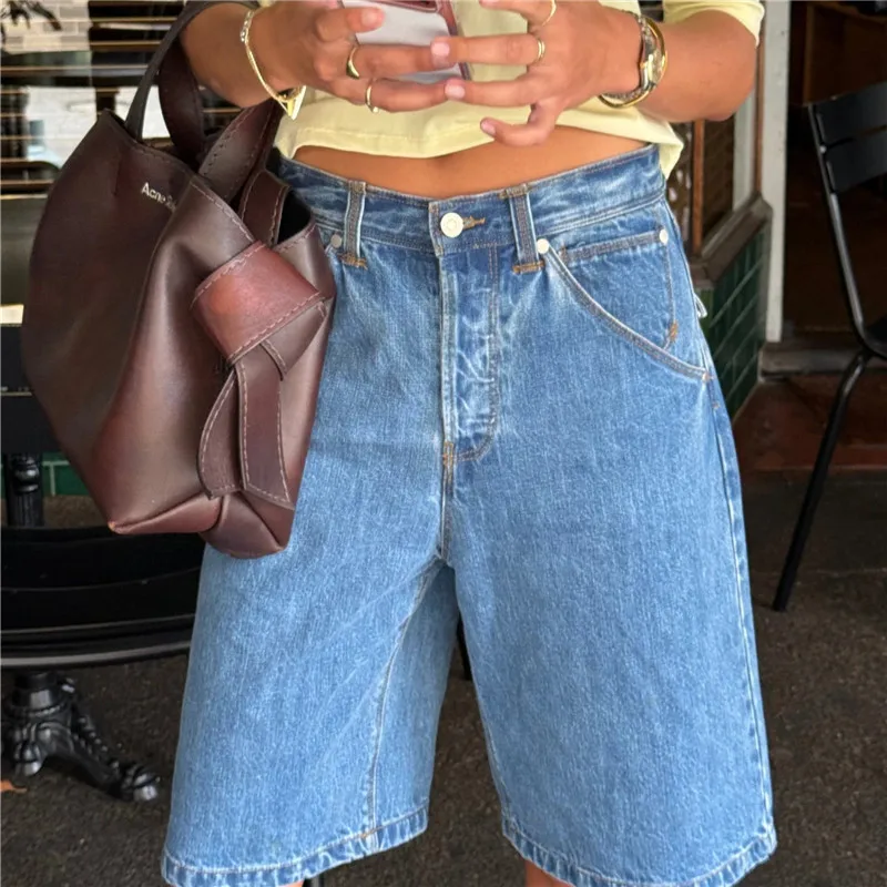 Y2K Trendy High Waist Denim Jorts Adjustable Waist Buckle Detail Loose Fit Wide Leg Baggy Jean Shorts Summer Streetwear Outfit