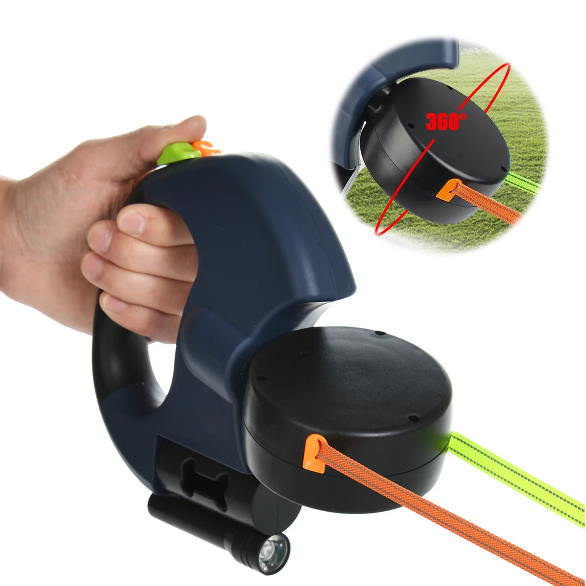 3m Double-Ended Dog Leash Auto Retractable Traction Rope 360 Degree Dual Head Walking Nylon Leashes with Flashlight Poop Bag Box