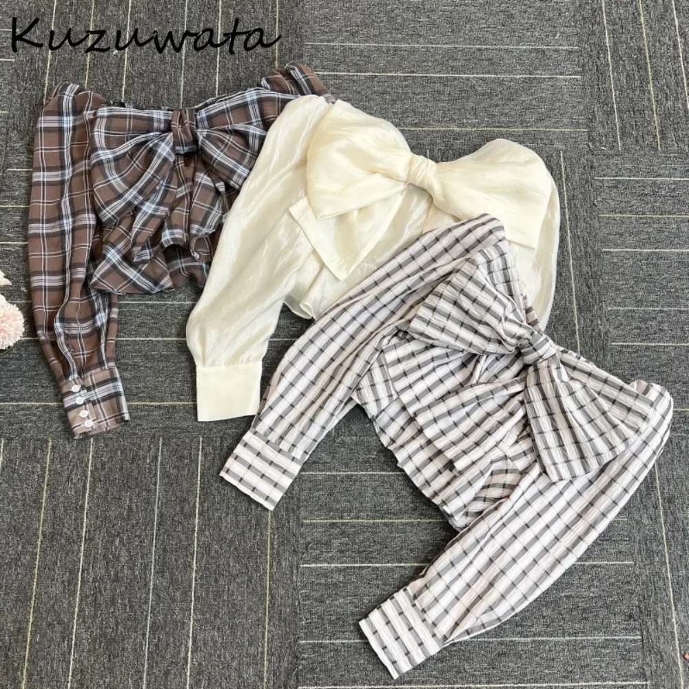 Kuzuwata Sweet Square Collar Long Sleeve Plaid Shirt Off Shoulder Elegant Fresh Bow Blusas Japan Casual Fashion New Blouses