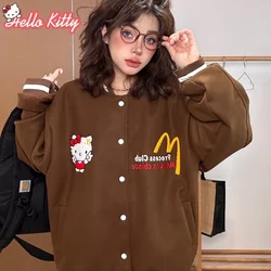 Sanrio Hello Kitty Embroidery Pilot Baseball Jacket  Women Hip-Hop Streetwear Autumn Winter Jackets with Pockets Top Casual Coat