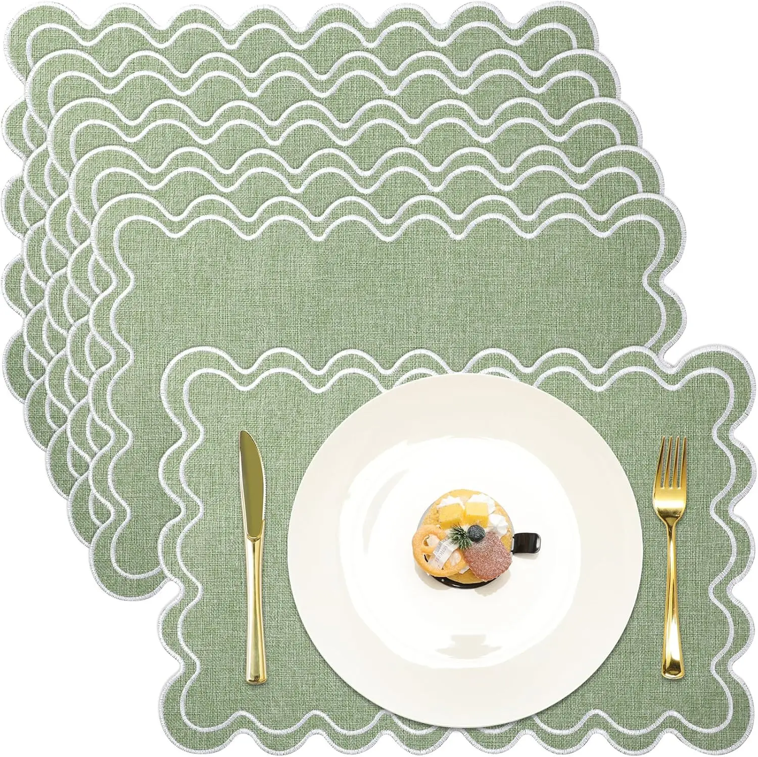 Cotton Linen Placemats, 13x19 Inch Scalloped Wavy Embroidery Placemat Washable Rustic Rectangle Dinner Table Mats for Kitchen