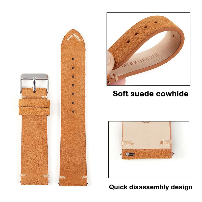 UTHAI Leather Strap 18mm 20mm 22mm Suede Strap With double-Sided Leather Hand Sewn Wristband M46