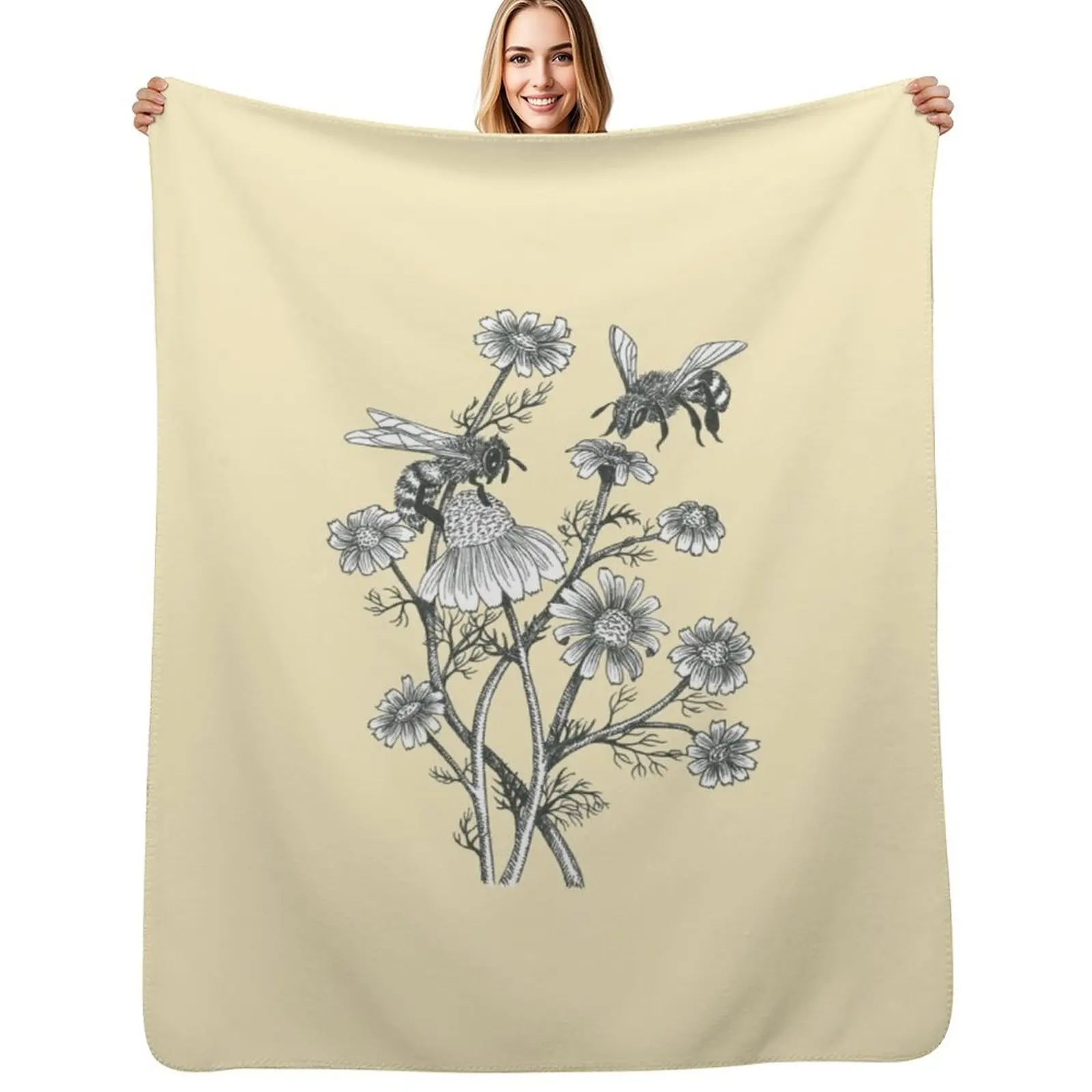 

bees and chamomile on honey background Throw Blanket Soft Breathable Blanket for Night Sleeping