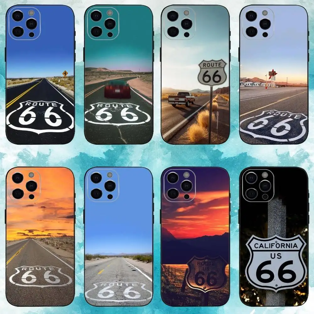 

A-America Art Route 66 Phone Case For iPhone17,16,15,14,13,12,11 Plus,Pro Max Soft Black Cover