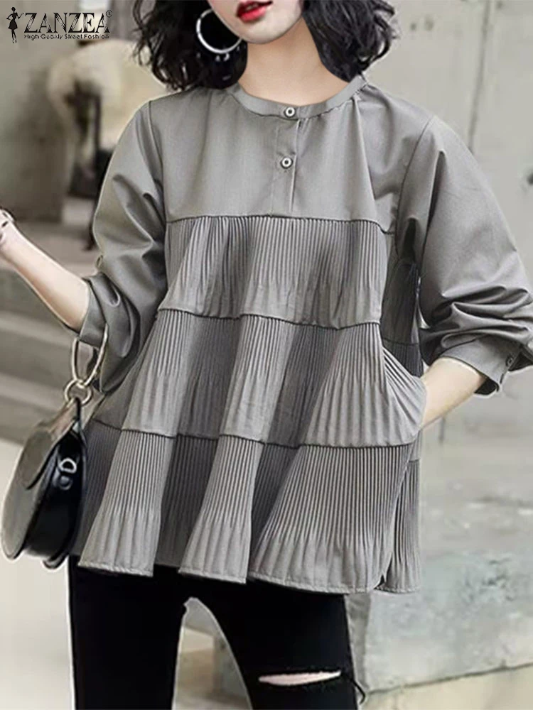 

Women Long Sleeve Shirts 2024 ZANZEA Casual Loose Round Neck Blouses Holiday Ruffled Edge Patchwork Tops Simple Pleating Tunics