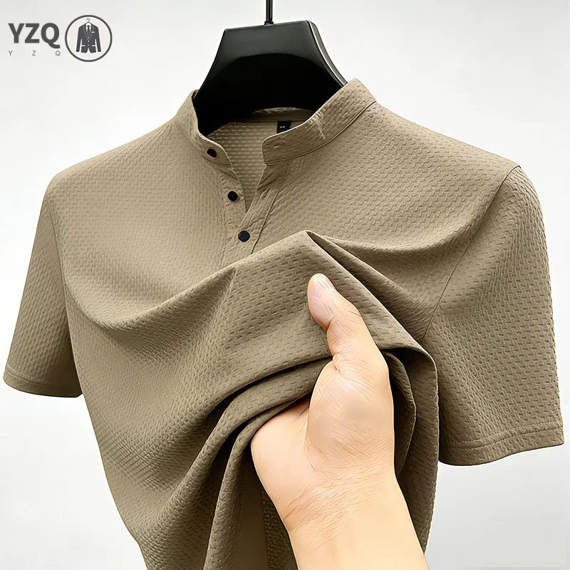 Men's Quick Dry Ice Silk Mandarin Collar Polo Shirt Short Sleeve Button Placket Daily Wear
