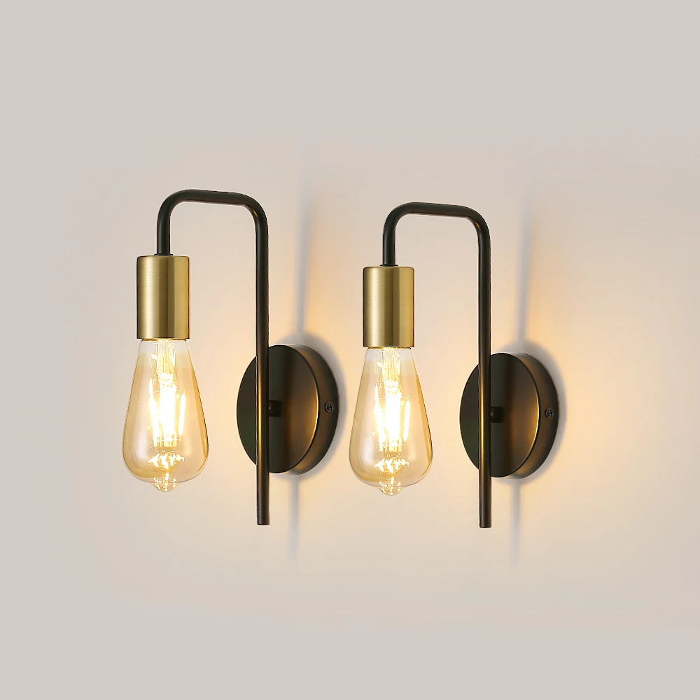 Lot de 2 appliques murales industrielles noires et dorées à bras courbé, sans ampoule, style rétro, pour chambre et couloir