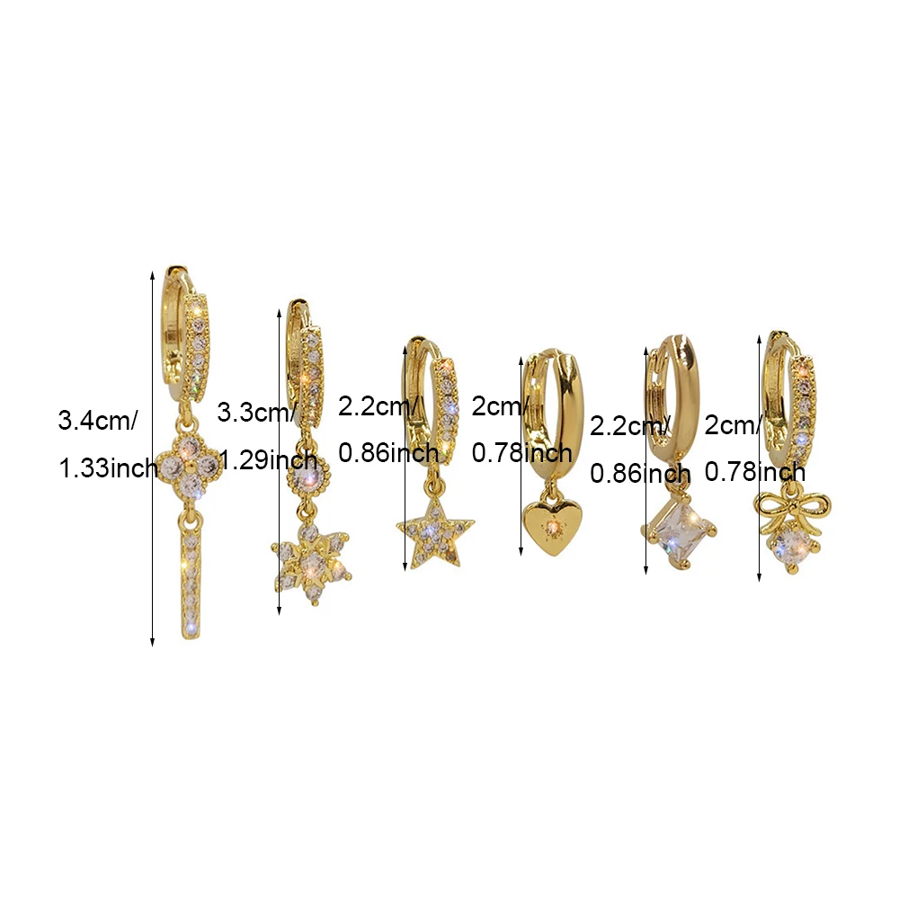 6pcs Creative Gold Color Geometric Heart Pendant Hoop Earrings Set