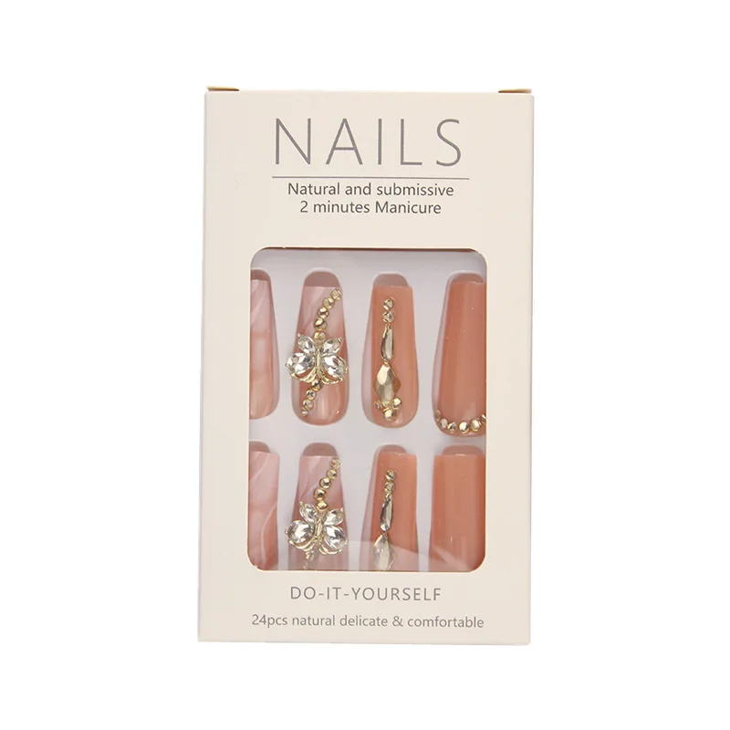 

European and American style wearing nail long champagne gold bow flash diamond fake nail removable nail art piece