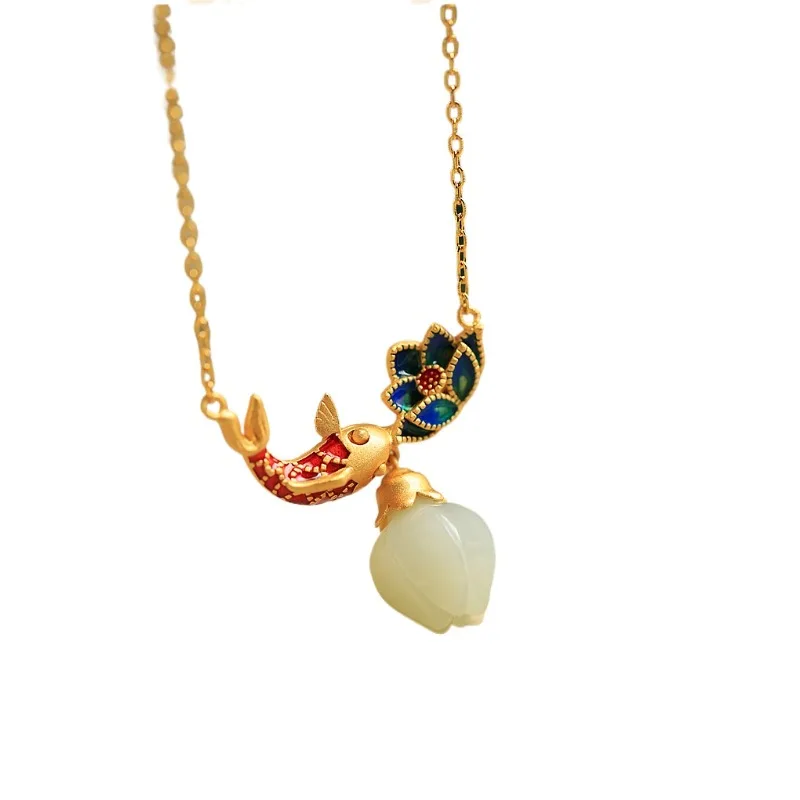 

Sterling Silver Natural Hetian Jade Koi Necklace Female Chinese Style Lotus Pendant Light Luxury