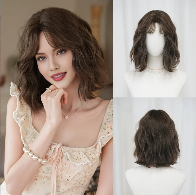 Women Short Wavy Bob Wig With Curtain Bangs, Brown Water Wave Synthetic Wig