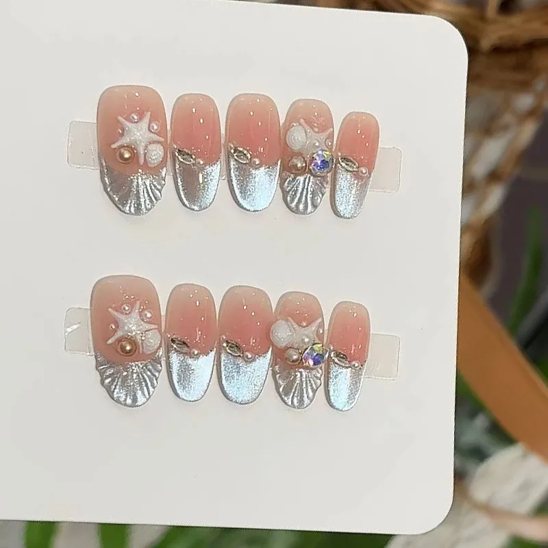 

10pcs Handmade Press on Nails Nude Starfish Dream Shell Cat's Eye Full Coverage Nail for Women&Girl Removable Wearable Nail