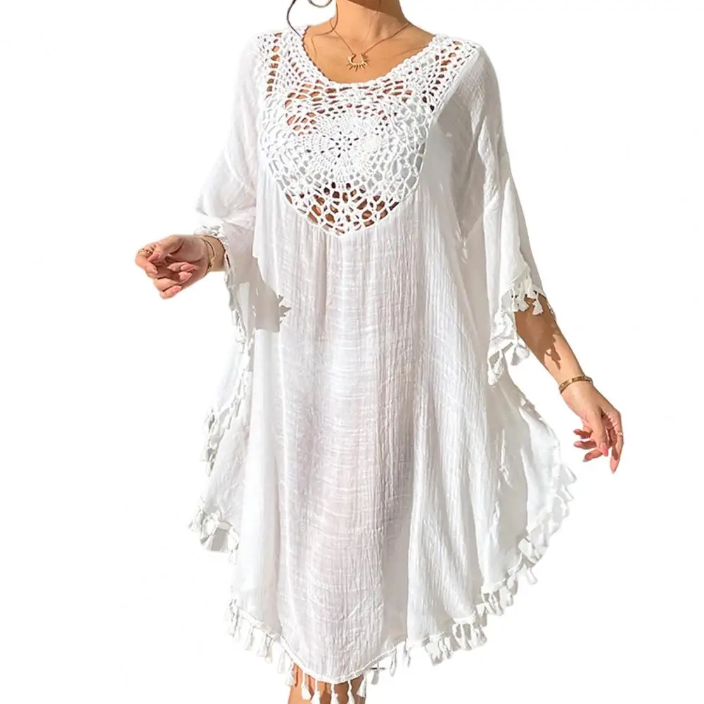 

Hollow Design Cover Up Blouse Fringed Hollow Design Beach Bikini Cover Up O-neck Half Sleeve Loose Fit Swimsuit Dress Solid