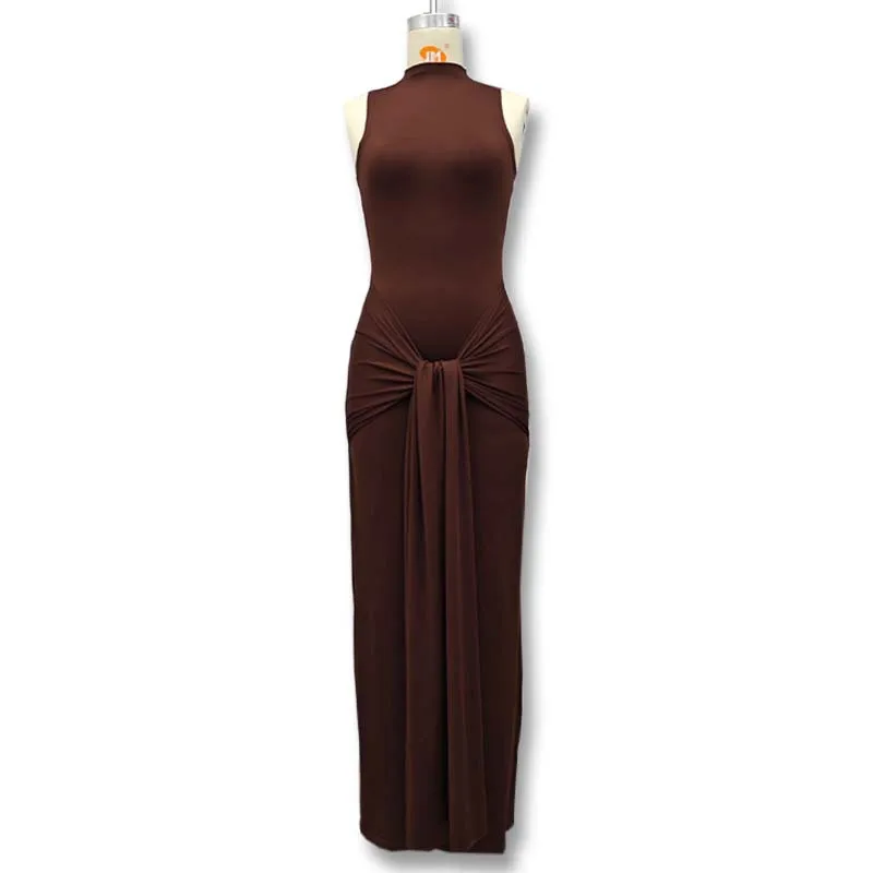 DSMTRC 2025 New Fashion Half High Collar Woman Elegant Brown Irregular Tank Maxi Dress Sleeveless Bodycon Ruched Sexy Long Dress