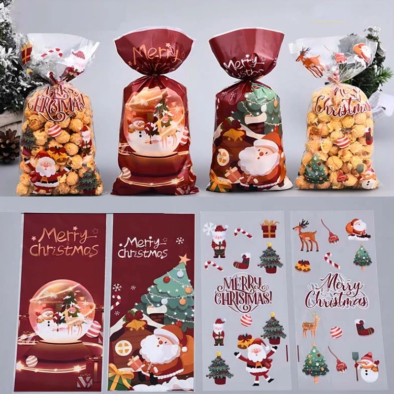 

50pcs Christmas Candy Bags Plastic Gift Bag Cookie Chocolate Packaging Pocket Xmas Packing Bags With Tie-Wraps 13X27.5cm