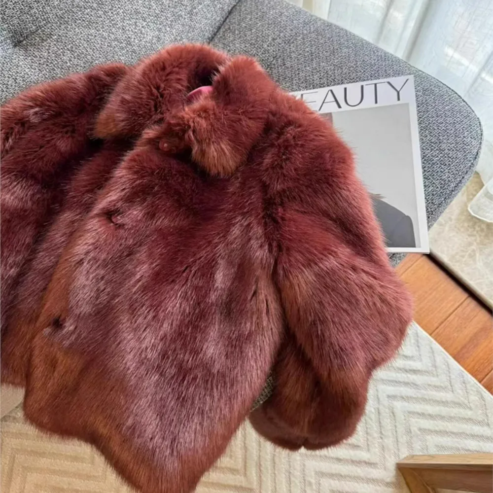 Winter Brown red Turn down Collar Lapel Hairy Shaggy Soft Faux Fur Coat Women Full Sleeve Furry Warm Jacket Short Outerwear