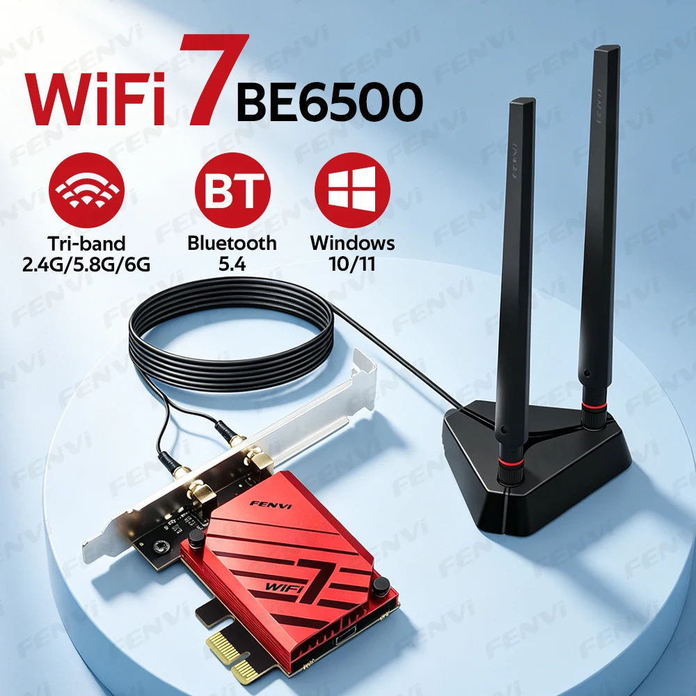 

Беспроводной сетевой адаптер fenvi BE6500 WIFI 7 PCIE с Bluetooth 5.4, трехдиапазонный (6G/5G/2.4Ghz), WiFi7, сетевая карта MT7925 для ПК с Windows 10/11