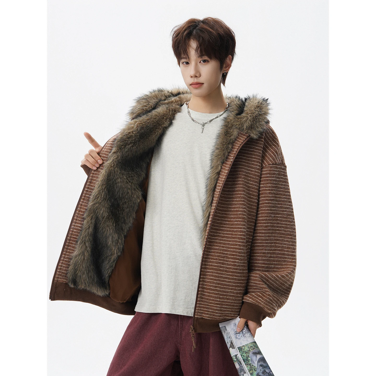 

Мужская куртка с капюшоном в американском стиле, стеганый хлопок с меховым воротником в полоску орла, ткань из смеси шерсти, вязаный кардиган