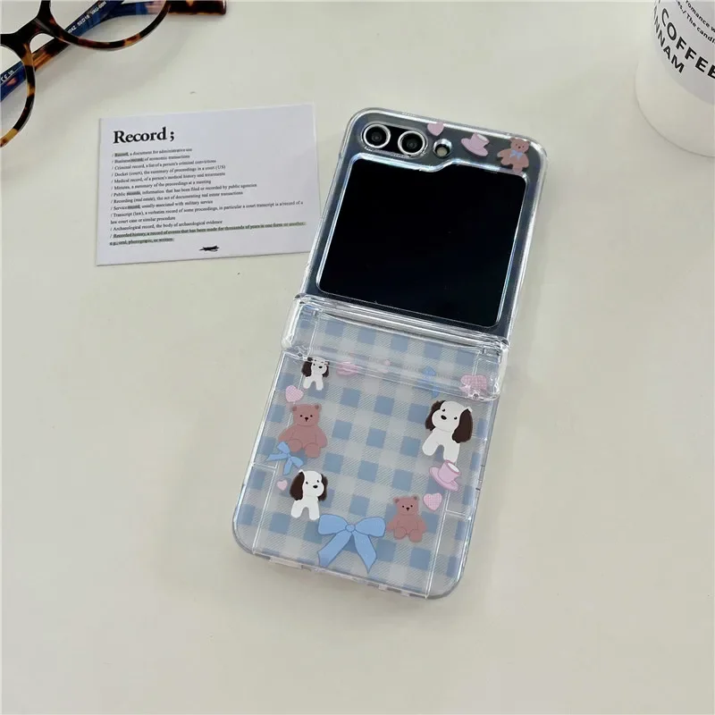 

Phone Case For Samsung Galaxy Z Flip 3 4 5 Cartoon Lattice Dog Bracelet Insert Cards Transparent Shockproof Back Cover