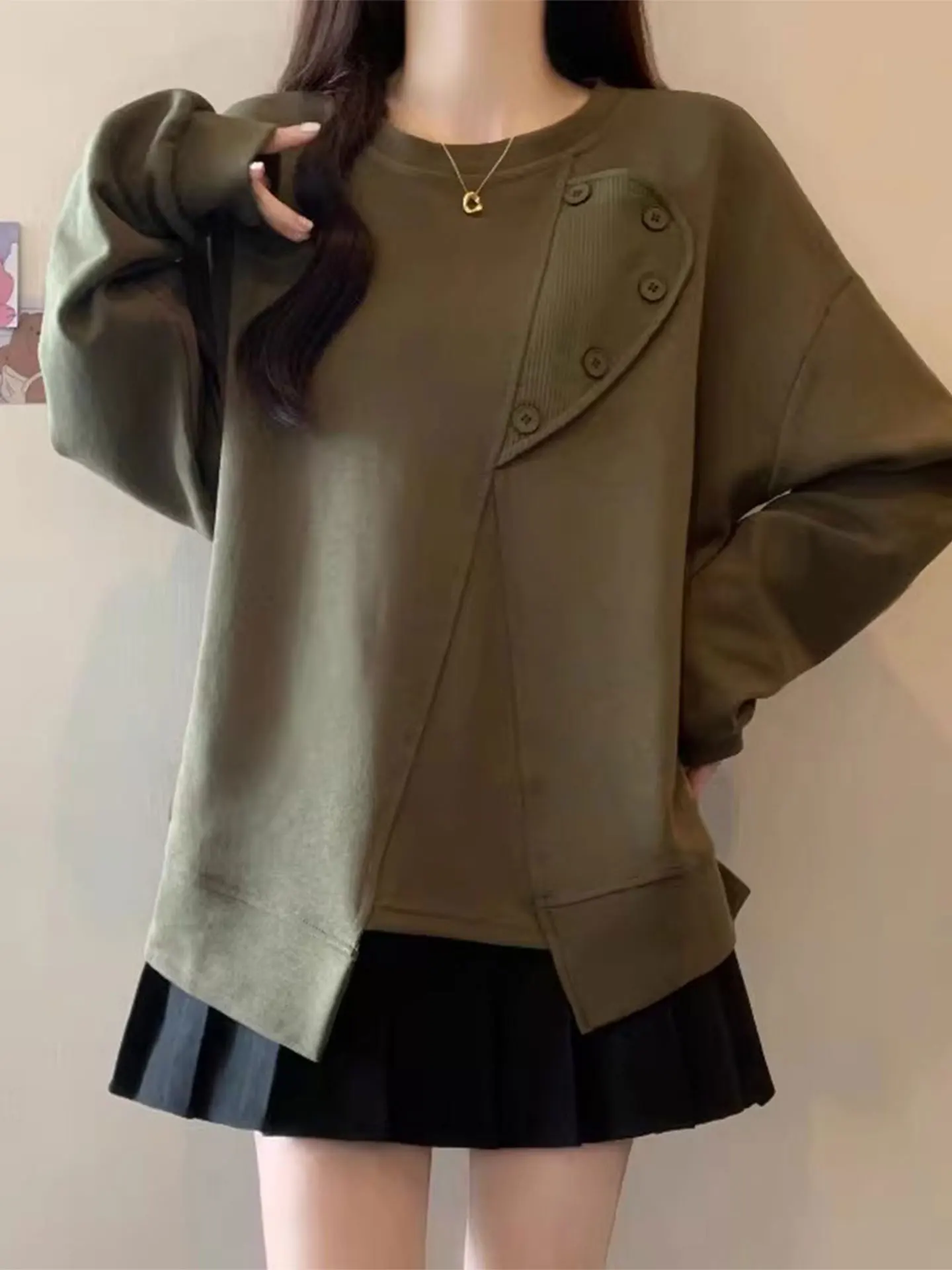 

Laid-ba Sle Military een Long Sve Hoodie Women's Spring Loose Slimming Asymmetrical Casual Top for plus Size