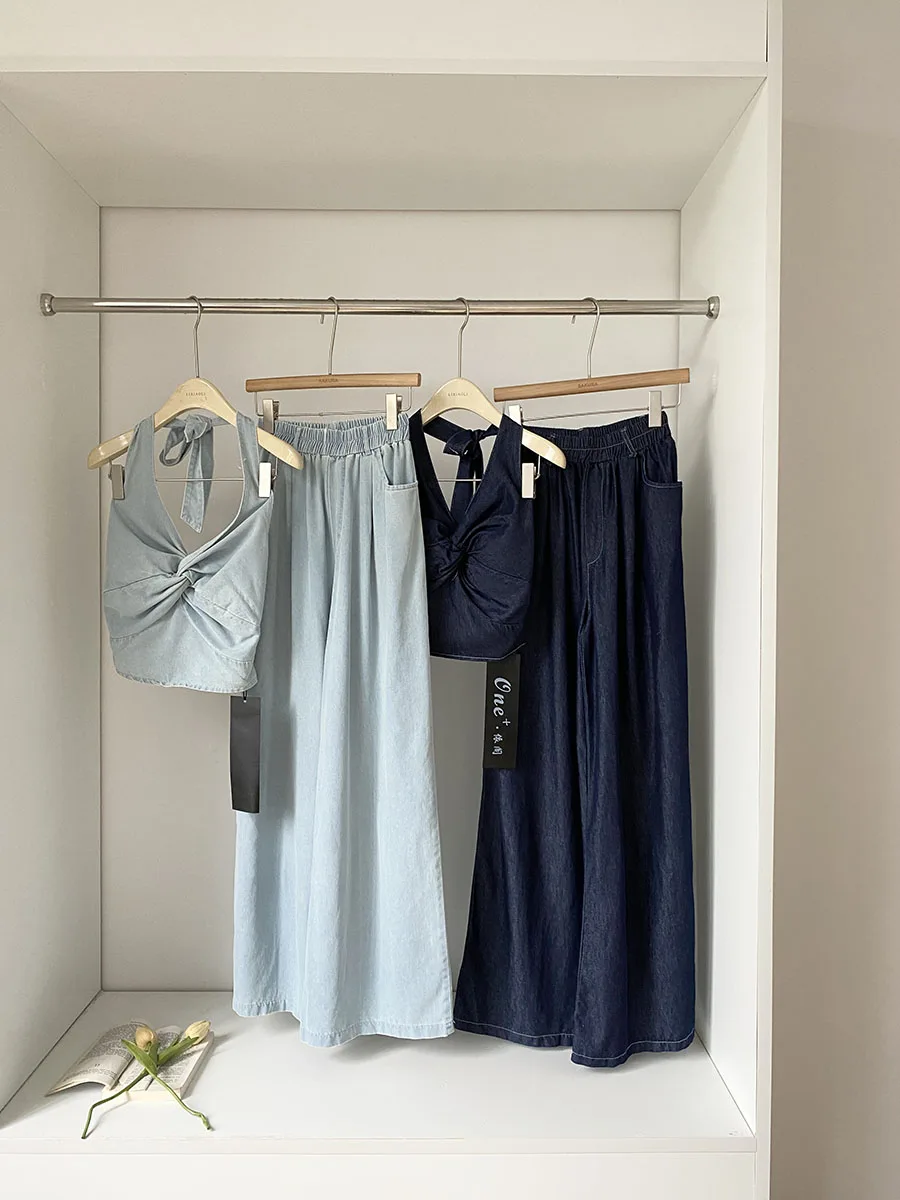 

High Quality Soft Thin Blue Denim 2 Piece Sets Women Outfits Korean Sweet Women Backless Halter Camisole Wide Leg Pants Female