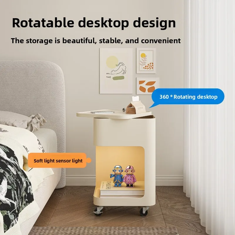 Cream Style Iron Nightstand Mobile Side Table with Hidden Compartment Small Storage Shelf for Bedroom Living Room Home Use