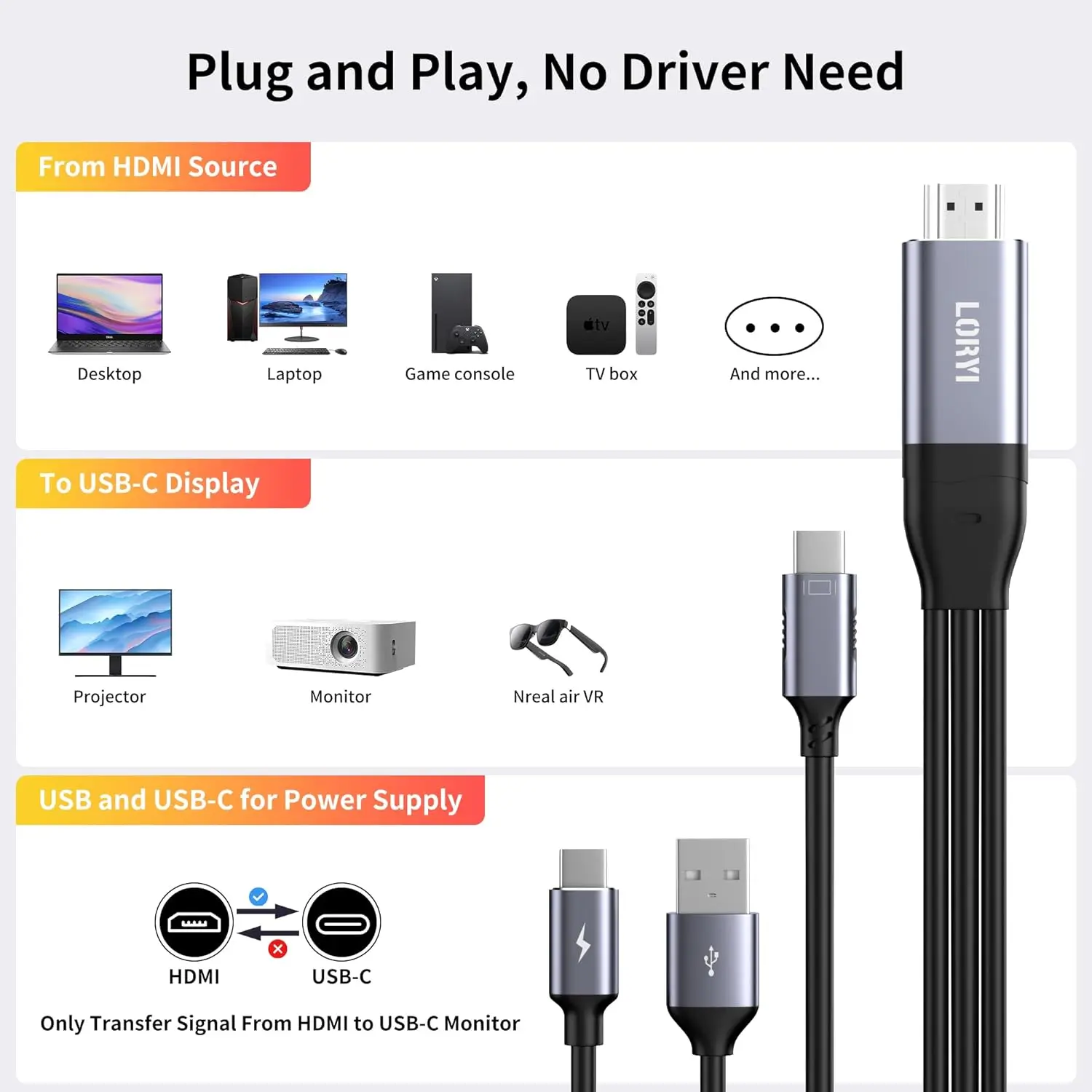 HDMI To USB C Cable 8.2ft Support Touch 4K@60Hz HDMI To Type C Converter Cord(Male to Male) For Monitor  Xreal Air PS5 Xbox