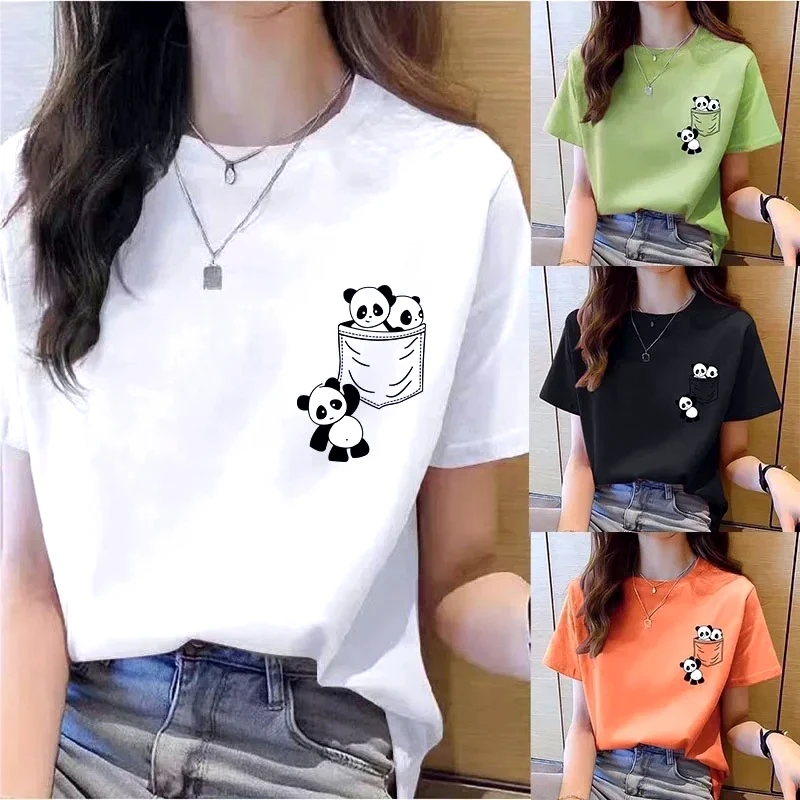 Women Short Sleeve Top Summer New Pocket Panda Cartoon Printed T-shirt Korean Fashion New Tops Loose Round Neck Tee Shirt Women