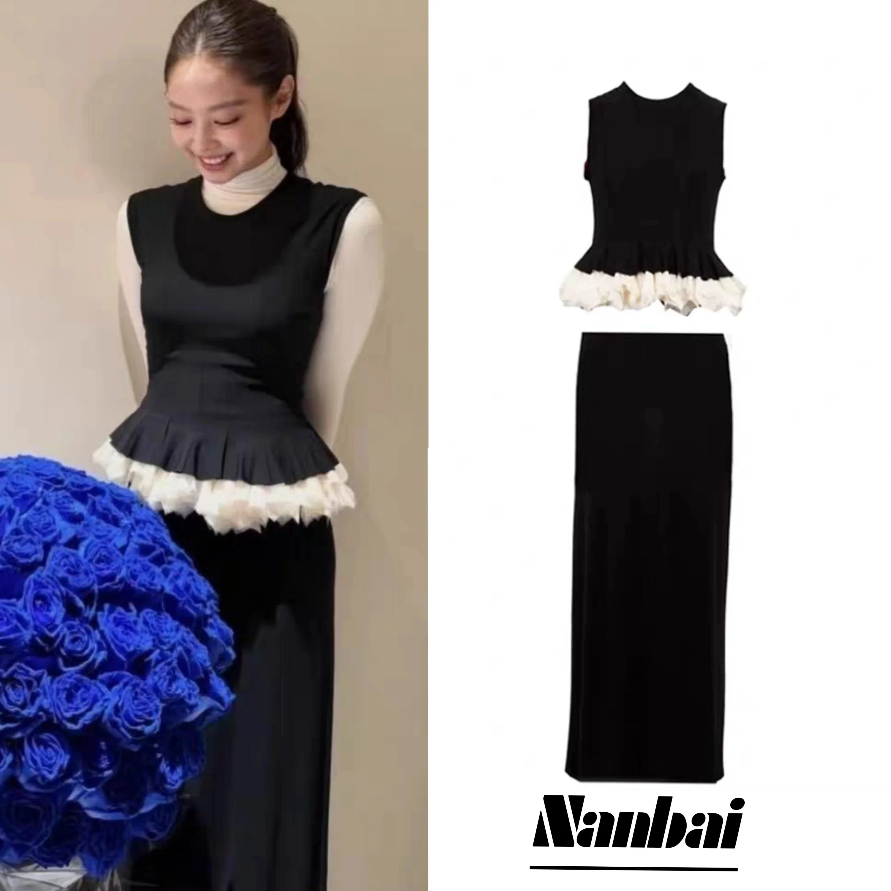 

Black Ruffle Sleeveless Vest Top High Waist Slimming Half Skirt Two Piece Set Women's Dress Elegant Casual Cotton Blend