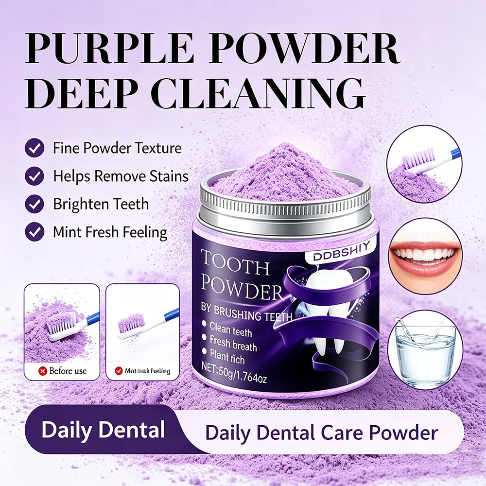 Purple V34 Teeth Whitening Powder 50g Natural Plant Tooth Powder Remove Coffee Tea Smoke Stains Fresh Breath Deep Clean Oral Car