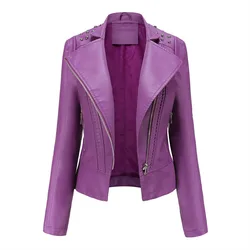 Chaqueta de cuero PU de manga larga para mujer, abrigo de motocicleta ajustado, chaqueta informal de moda, prendas de vestir exteriores rosas