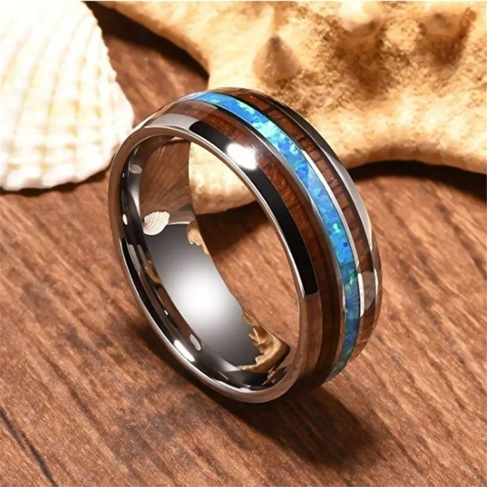 Fashion 8mm Men Stainless Steel Wedding Rings Wood Grain Inlay Blue Creative Decoration Rings Men Jewelry Party Band Wholesale